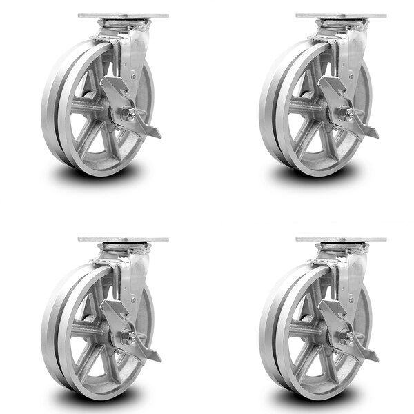 Service Caster 8 Inch V Groove Semi Steel Caster Set with Roller Bearings and Brake/Swivel Lock SCC-30CS820-VGR-TLB-BSL-4 - main